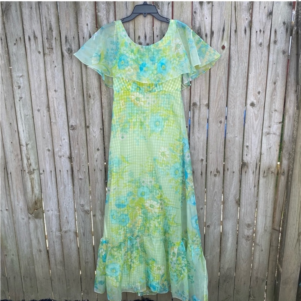 Vintage 70s 1970s BoHo bohemian floral overlay green gingham dress daisy